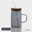Банка Magistro «Эко», 620 мл, ручка, трубочка, с бамбуковой крышкой, стекло, прозрачная, чёрная