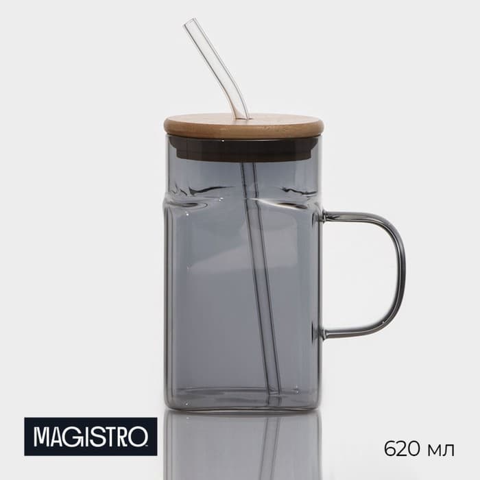 Банка Magistro «Эко», 620 мл, ручка, трубочка, с бамбуковой крышкой, стекло, прозрачная, чёрная