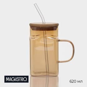 Банка Magistro «Эко», 620 мл, ручка, трубочка, с бамбуковой крышкой, стекло, прозрачная, золотая