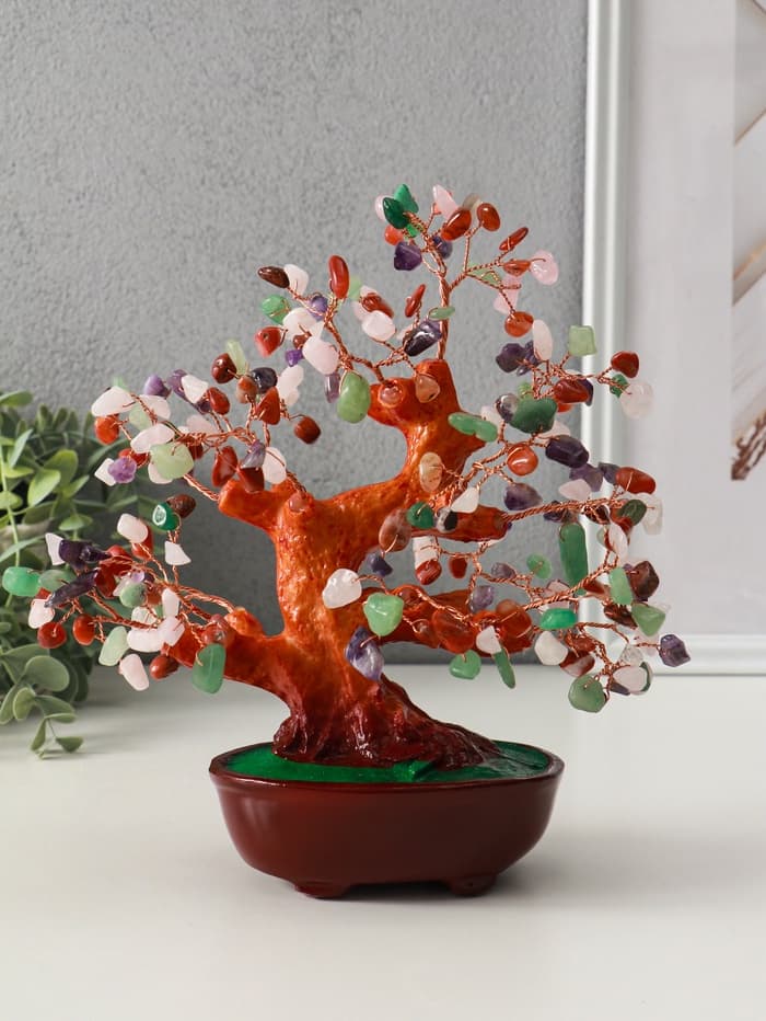 Бонсай декоративный «Разноцветное денежное дерево в овальном горшке», 196 камней, 23×9.5×19 см