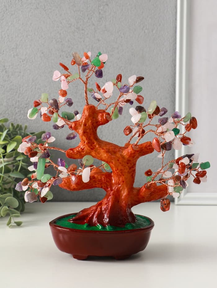Бонсай декоративный «Разноцветное денежное дерево в овальном горшке», 196 камней, 23×9.5×19 см