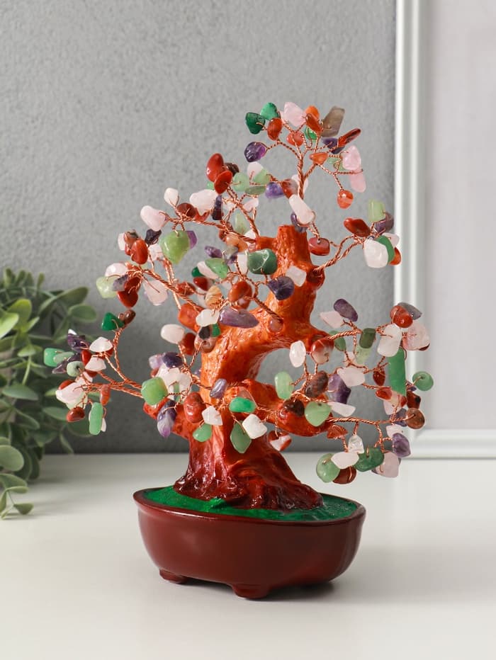 Бонсай декоративный «Разноцветное денежное дерево в овальном горшке», 196 камней, 23×9.5×19 см