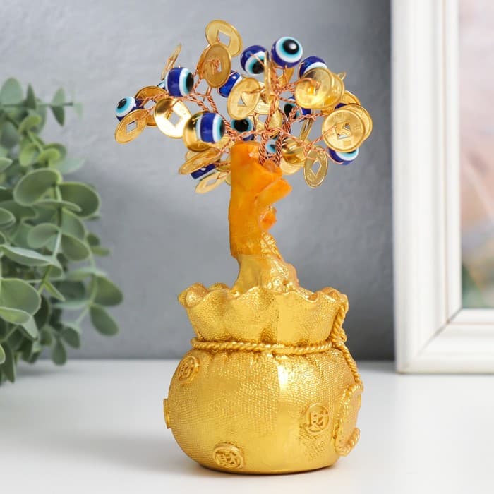 Бонсай декоративный «Денежное дерево в золотом мешке», 16 глазиков, 32 монеты, 15×6.5×6 см