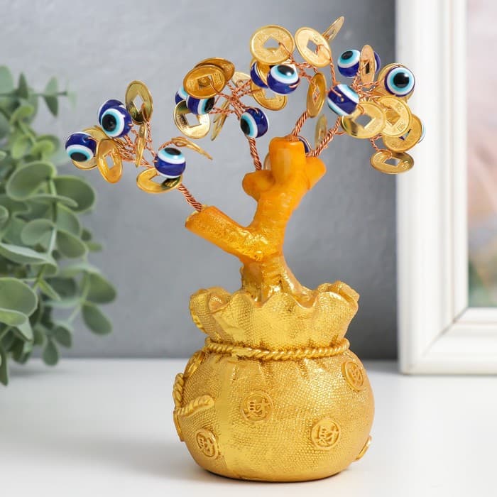 Бонсай декоративный «Денежное дерево в золотом мешке», 16 глазиков, 32 монеты, 15×6.5×6 см