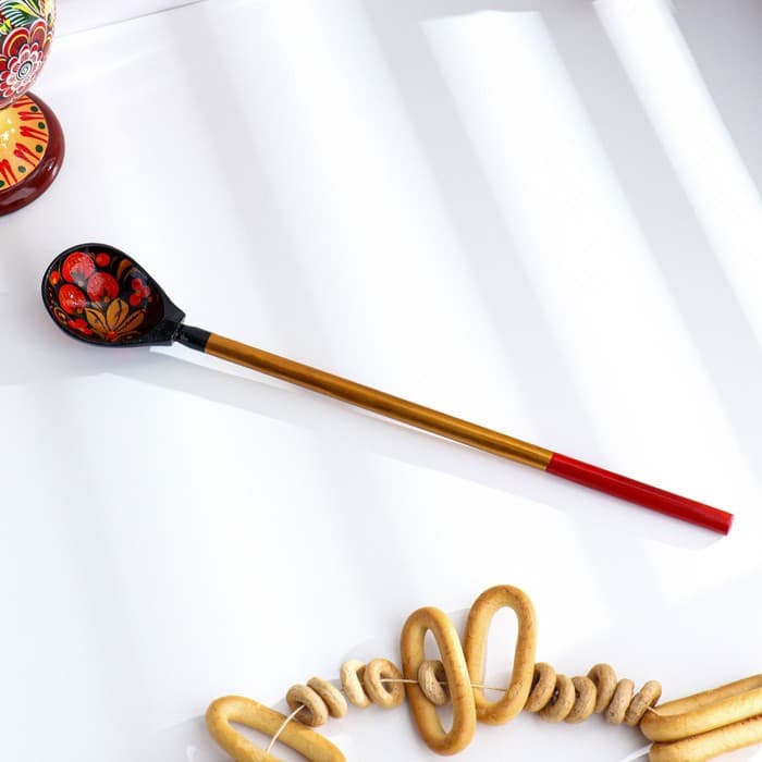 Ложка деревянная для солений, с художественной росписью, чёрная, хохлома