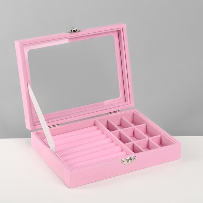 Шкатулка для украшений, 7 полос, 9 ячеек, 20.5×15×5 см, розовая