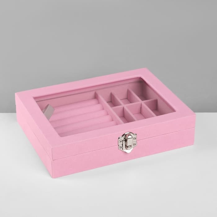 Шкатулка для украшений, 7 полос, 9 ячеек, 20.5×15×5 см, розовая