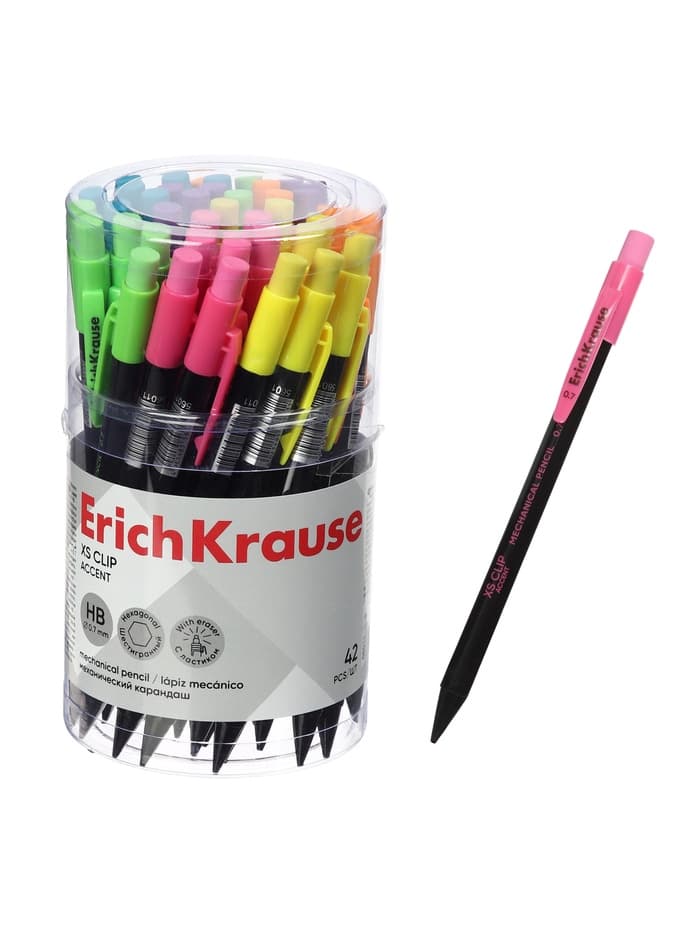 Карандаш механический ErichKrause. XS Clip Accent, толщина грифеля 0.7 мм, НВ, с ластиком, МИКС