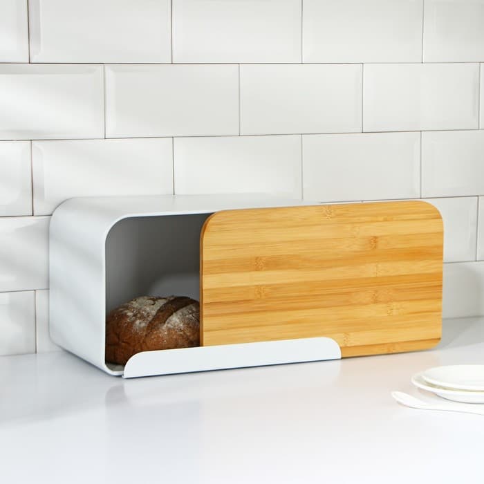 Хлебница Magistro Softal, металл, бамбуковая крышка, 35×21×21.5 см, белая