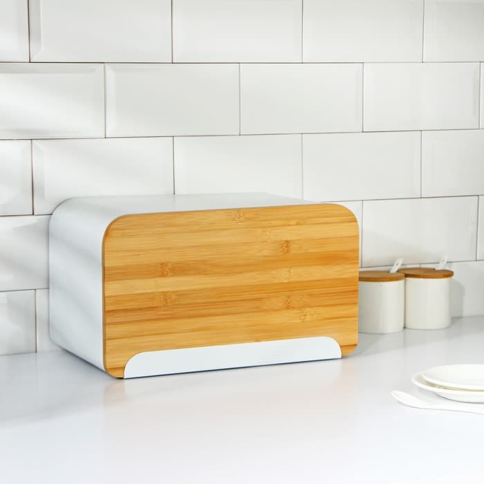 Хлебница Magistro Softal, металл, бамбуковая крышка, 35×21×21.5 см, белая