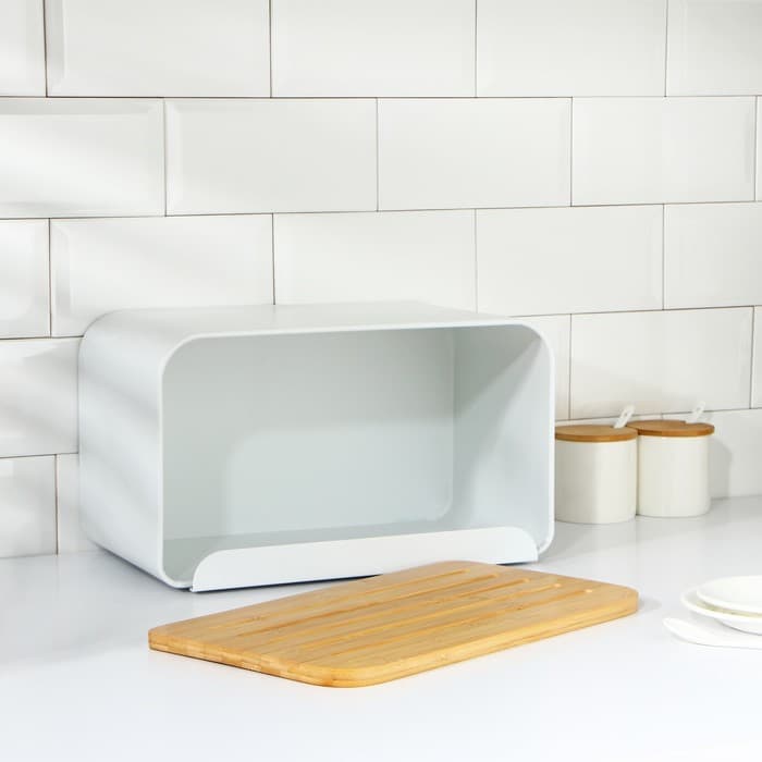 Хлебница Magistro Softal, металл, бамбуковая крышка, 35×21×21.5 см, белая