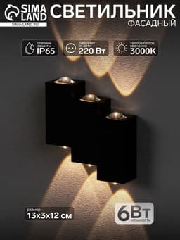 Светильник фасадный «Луч», 6 Вт, 3000К, 3 луча, IP65, 220 В, металлический корпус, чёрный, свечение тёплое белое