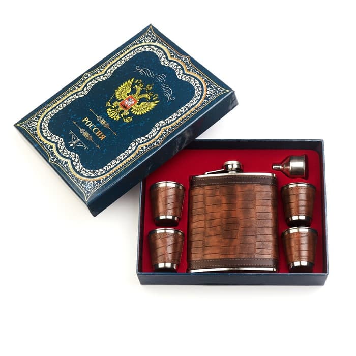 Подарочный набор 6 в 1, фляжка 540 мл, 4 стопки по 75 мл, воронка, нержавеющая сталь, экокожа