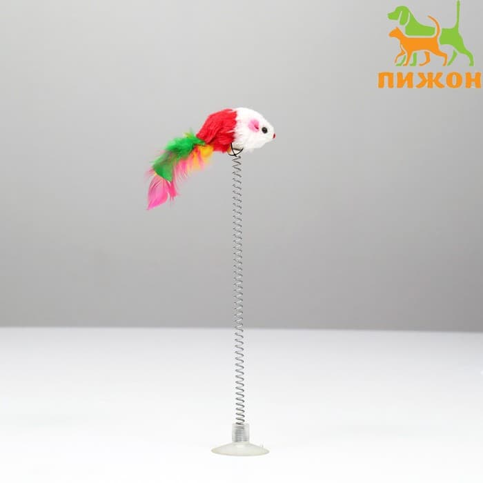 Дразнилка «Мышь на присоске», искусственный мех с цветными перьями,24 см, мышь красная/белая