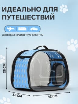 Переноска для животных, 42×32×28 см, прозрачная, голубая