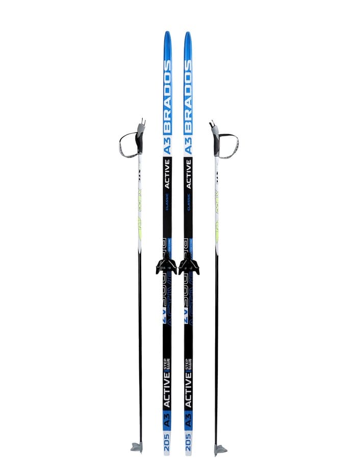 Комплект лыжный: пластиковые лыжи 205 см с насечкой, стеклопластиковые палки 165 см, крепления NN75 мм, цвета МИКС