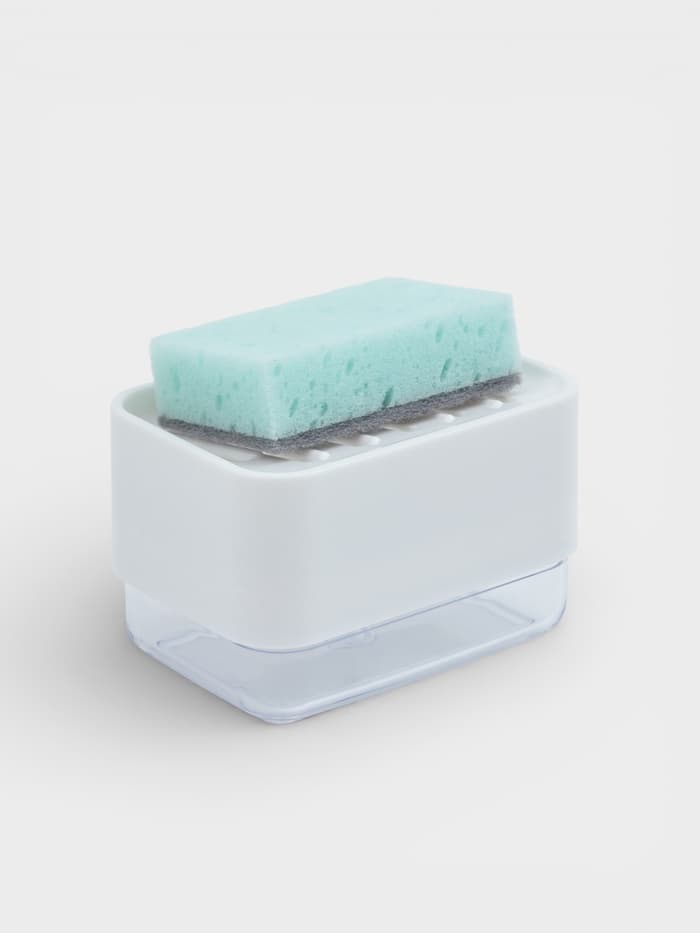 Дозатор для моющего средства с подставкой для губки Raccoon, губка в комплекте, белый