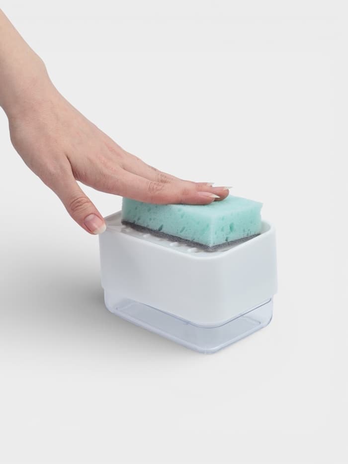 Дозатор для моющего средства с подставкой для губки Raccoon, губка в комплекте, белый