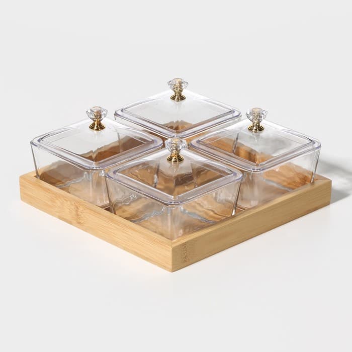Менажница «Голд», 19.5×19.5 см, на бамбуковой подставке, с крышками, стекло, прозрачная