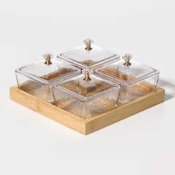 Менажница «Голд», 19.5×19.5 см, на бамбуковой подставке, с крышками, стекло, прозрачная