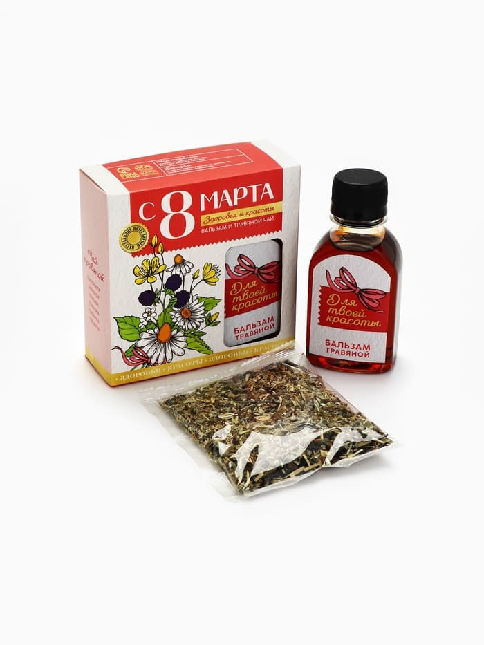Подарочный набор «С 8 Марта»: чай травяной 20 г, бальзам травяной 100 мл.