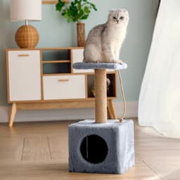 Домик для животных с когтеточкой, 32×32×64 см, с полкой, джут, серый