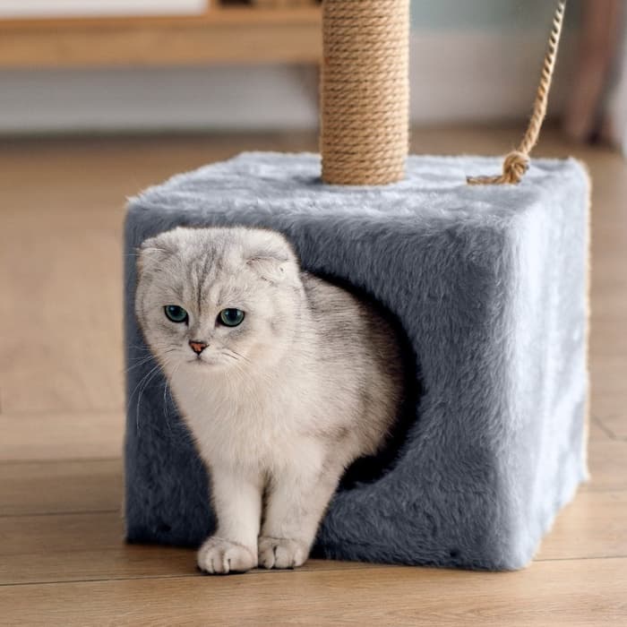 Домик для животных с когтеточкой, 32×32×64 см, с полкой, джут, серый