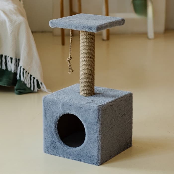 Домик для животных с когтеточкой, 32×32×64 см, с полкой, джут, серый