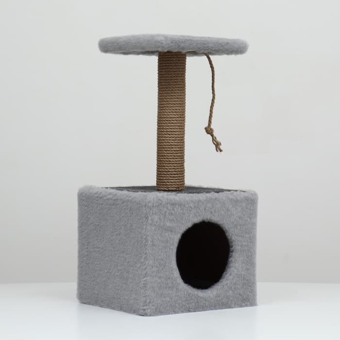 Домик для животных с когтеточкой, 32×32×64 см, с полкой, джут, серый
