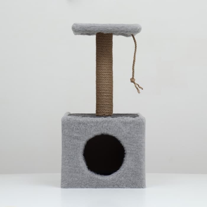 Домик для животных с когтеточкой, 32×32×64 см, с полкой, джут, серый
