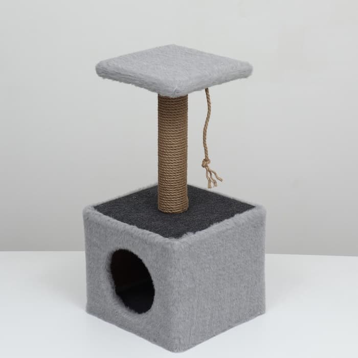 Домик для животных с когтеточкой, 32×32×64 см, с полкой, джут, серый