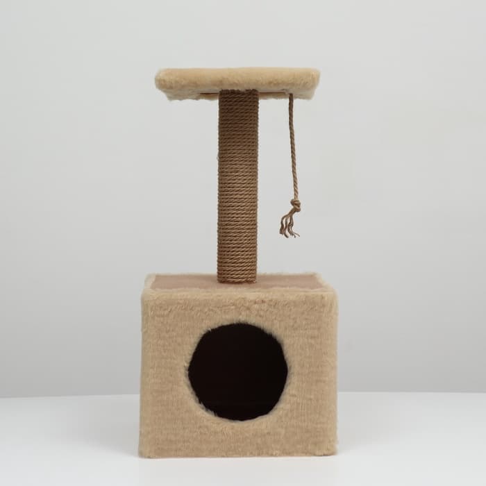Домик для животных с когтеточкой, 32×32×64 см, с полкой, джут, бежевый