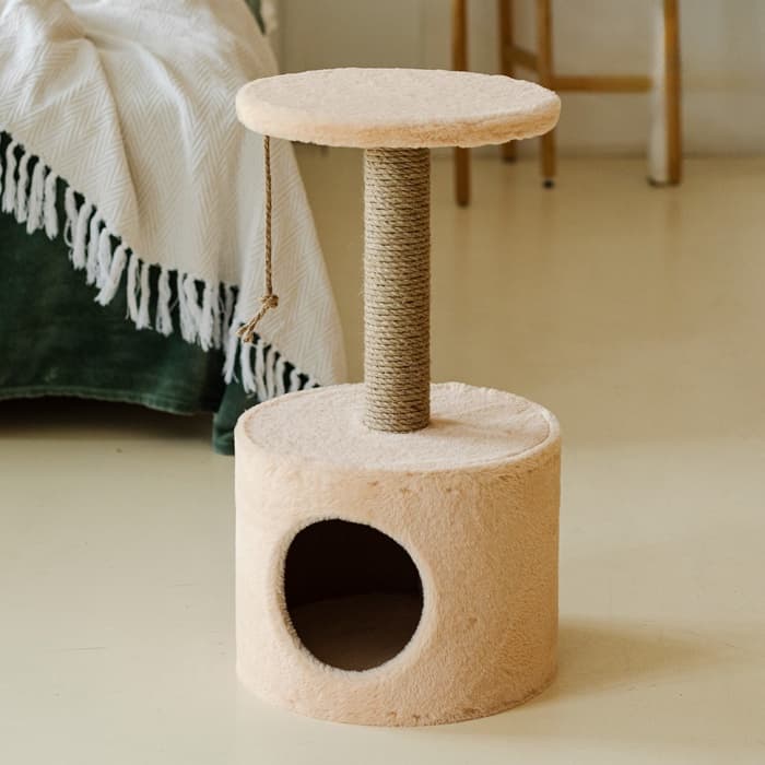 Домик для кошек с когтеточкой круглый, джут, 35×35×64 см, бежевый