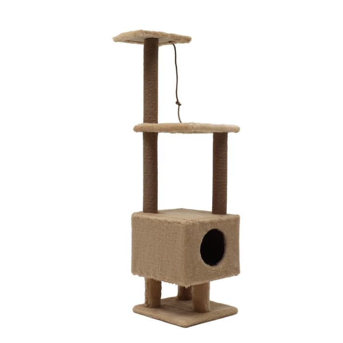 Комплекс для кошек с когтеточкой, 37×37×120 см, с домиком и 2 полками, бежевый