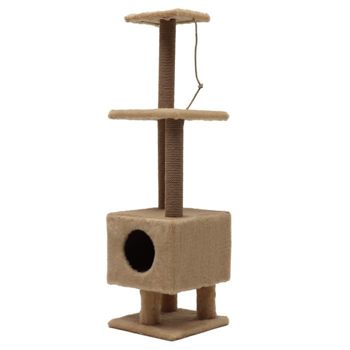 Комплекс для кошек с когтеточкой, 37×37×120 см, с домиком и 2 полками, бежевый