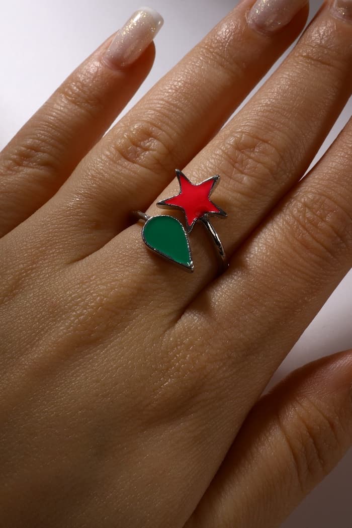 Набор 2 предмета: серьги, кольцо «Аниме», звезда и капля, зелёно-розовый в серебре