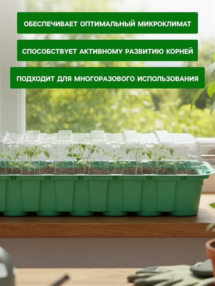 Мини - парник для рассады, 35×13×11 см, 14 ячеек под таблетки для рассады d=4 см, пластик, Greengo