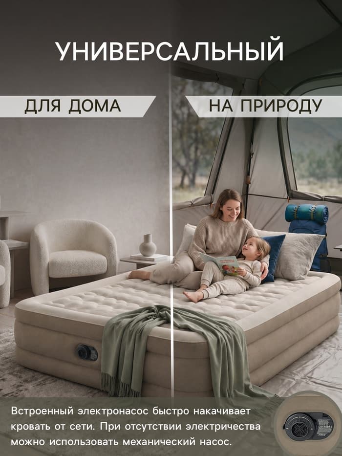 Кровать надувная QUEEN ULTRA PLUSH AIRBED, 203×152×46 см, со встроенным насосом, 64428ND INTEX