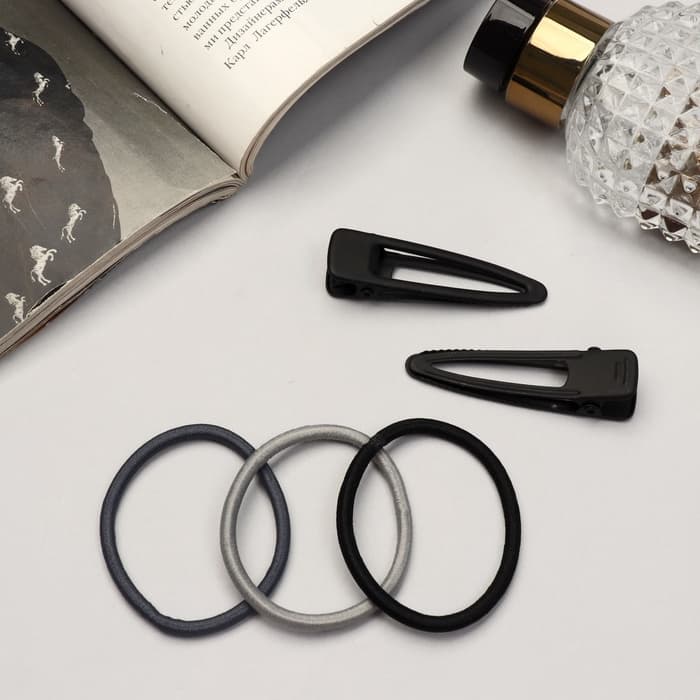 Набор для волос QF «Лиора», 6 резинок, 2 заколки 5 см, классика, чёрно-серый