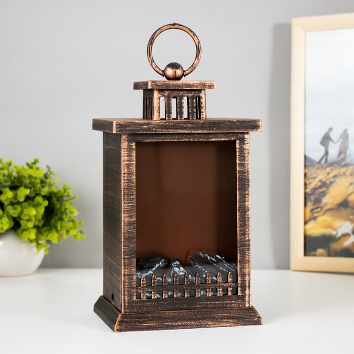 Ночник «Камин» LED от батареек 3хАА USB черный с медной патиной 12×14.5×26.5 см