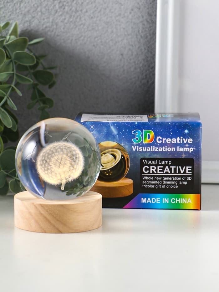 Световая фигурка «Одуванчик», LED-ночник, стекло d=6 см, подставка дерево, USB, 6.5×6.5×7.5 см