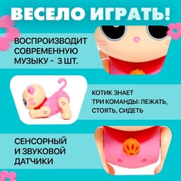 Робот кот «Пультовод» ZHORYA, на пульте управления, интерактивный: сенсорный, звук, свет, на батарейках, на русском языке, розовый