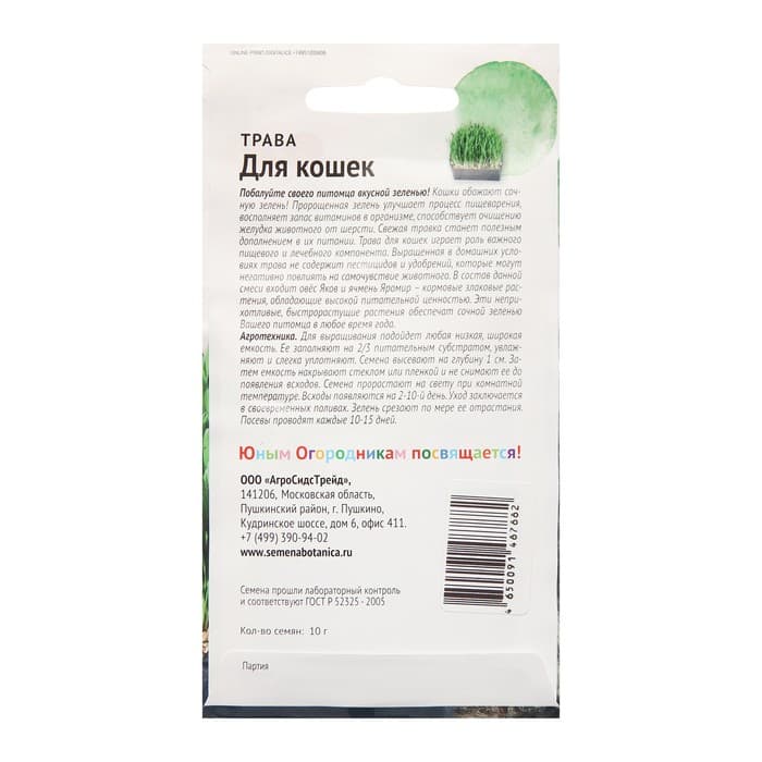 Семена Трава для кошек «Детская грядка», смесь, 10 г, «Агросидстрейд»