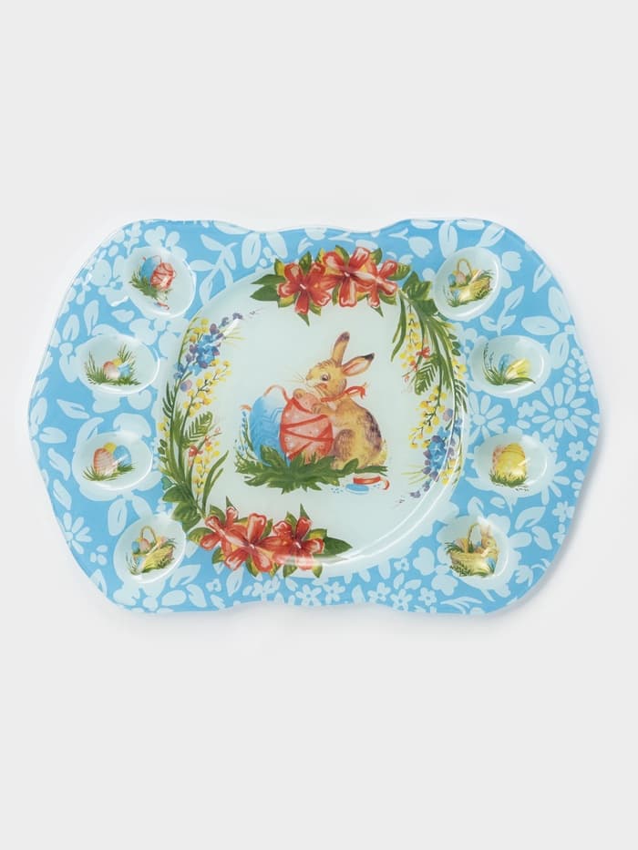 Подставка для яиц Доляна «Праздничный кролик», 37×24.5 см, 8 ячеек, под кулич d=20 см, стекло, голубая