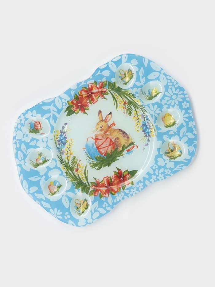 Подставка для яиц Доляна «Праздничный кролик», 37×24.5 см, 8 ячеек, под кулич d=20 см, стекло, голубая