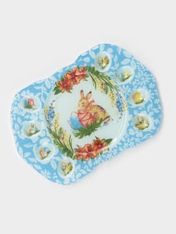 Подставка для яиц Доляна «Праздничный кролик», 37×24.5 см, 8 ячеек, под кулич d=20 см, стекло, голубая