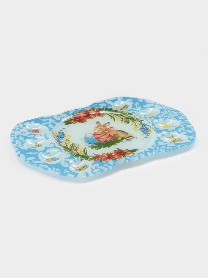 Подставка для яиц Доляна «Праздничный кролик», 37×24.5 см, 8 ячеек, под кулич d=20 см, стекло, голубая