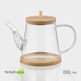 Чайник заварочный BellaTenero «Бамбук», 600 мл, 19×11.3×12.2 см, с бамбуковой крышкой, металлический фильтр, стекло, прозрачный