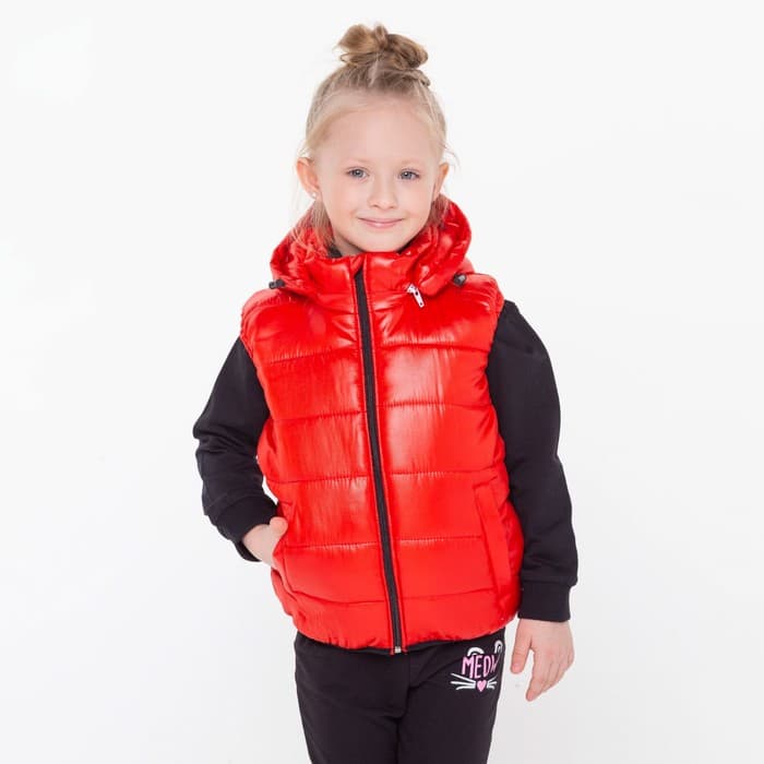 Жилет для девочки с капюшоном, красный, рост 140 см