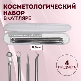Косметологический набор, 4 предмета, в пластиковом футляре, 11.5 см, серебристый